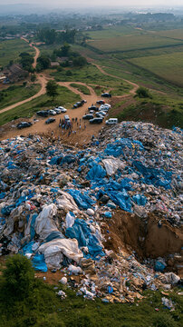 Landfill Landscape: An aerial view captures the vast scale of a sprawling landfill, with mountains of waste a stark contrast to the surrounding green countryside.
