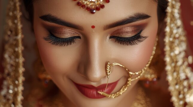 Close-up Portrait of a Beautiful Indian Bride with Traditional Gold Jewelry and Elegant Bridal Makeup