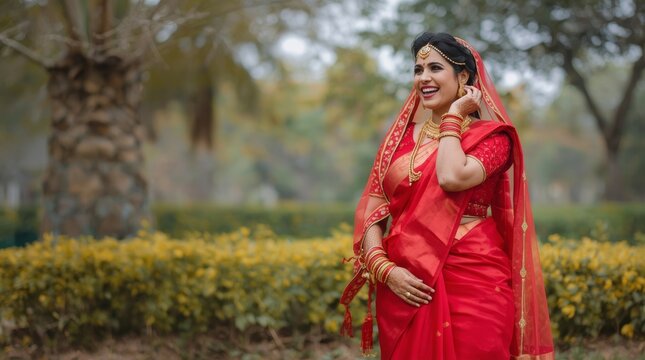 Beautiful Happy Indian Bride in Traditional Red Saree and Gold Jewelry Posing in Outdoor Garden