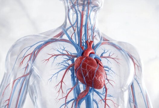 Detailed 3D human circulatory system anatomy showing arteries, veins, blood vessels, and cardiovascular structures for medical education, biology, healthcare, and scientific visualization.