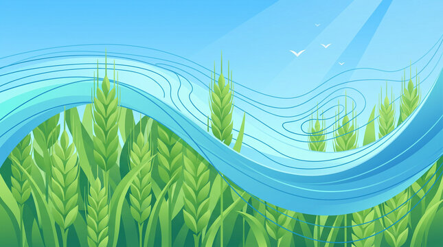 Abstract illustration of a lush green wheat field under a bright blue sky with swirling lines representing wind or water