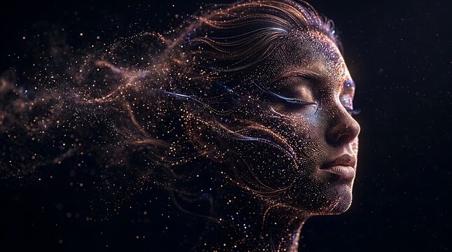 Profile view of a woman face made of digital particles and glowing red lines isolated on a dark black background