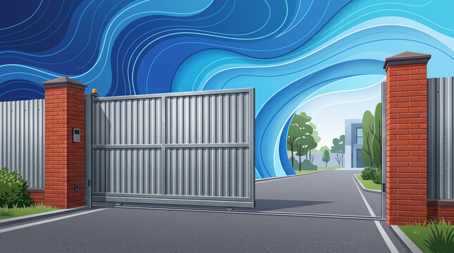 An open modern industrial gate made of metal and brick pillars, with abstract blue wavy lines in the background. The road leads towards a modern building in the distance.