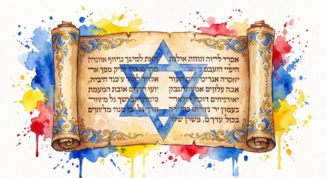 Old torah scroll with Star of David isolated on white background. Judaism religious symbol. Bible exodus torah. Happy Passover celebration, Yom Kippur, Purim. Watercolor