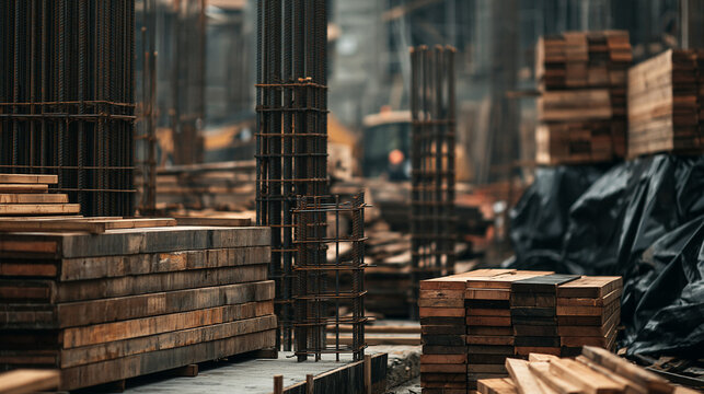 Construction Site Raw Materials: Rebar, lumber, and sheeting piled up at a construction site, conveying the industrial essence of building development.
