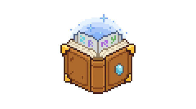 Magical spellbook pixel art with glowing energy.