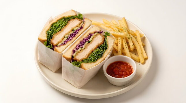 A halved chicken katsu sando on soft white bread is served with crispy french fries and sweet chili sauce.