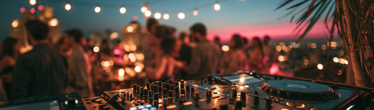 DJ Booth at Sunset Festival: A vibrant DJ setup with a glowing mixer takes center stage at an outdoor festival as the sun sets, casting a warm, inviting light on the dancing crowd.
