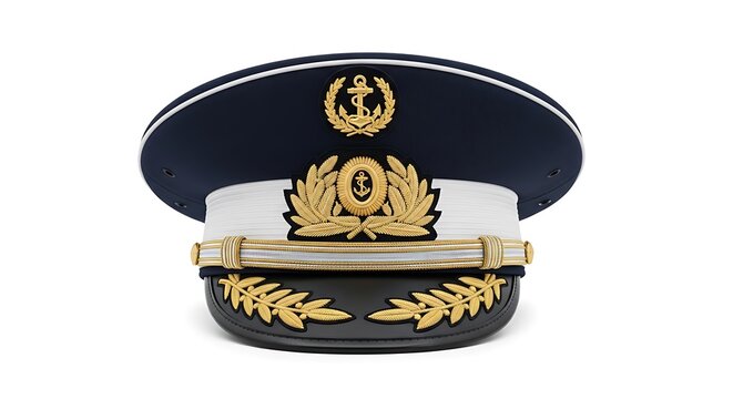 A detailed navy blue captain hat with a white band, gold embroidery, and a metallic anchor emblem, isolated on a white background