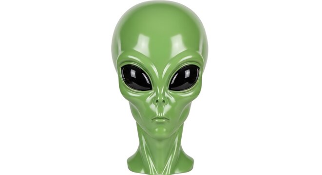 A glossy green alien head sculpture with large black oval eyes, rendered in a smooth 3d style and isolated on a white background