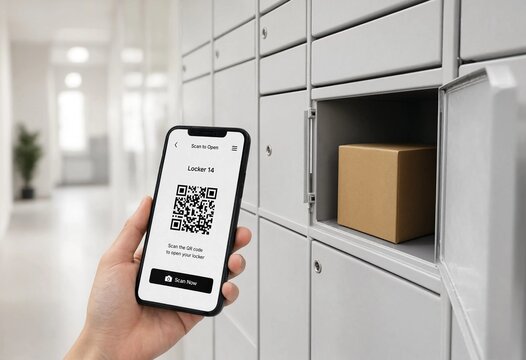 Woman uses smartphone to open smart parcel locker for contactless delivery and click and collect pickup, representing convenient automated urban ecommerce logistics services and technology.