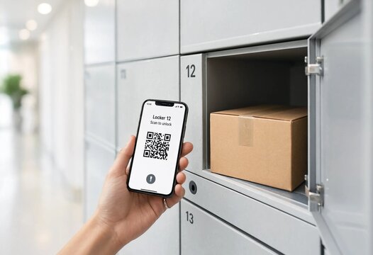 Woman uses smartphone to open smart parcel locker for contactless delivery and click and collect pickup, representing convenient automated urban ecommerce logistics services and technology.