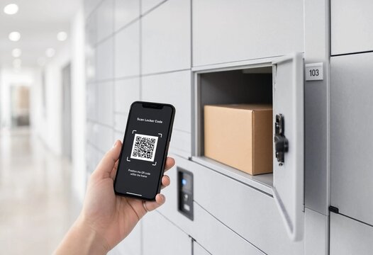 Woman uses smartphone to open smart parcel locker for contactless delivery and click and collect pickup, representing convenient automated urban ecommerce logistics services and technology.