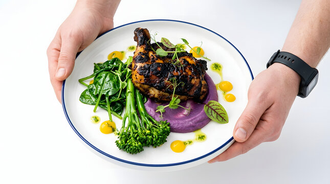 Two hands present a plate of grilled jerk chicken with purple sweet potato puree, broccolini, and citrus dots.