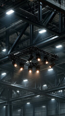 Naklejka premium Industrial Lighting Rig: A sophisticated industrial lighting rig, suspended from the steel beams of a large warehouse or factory, illuminates the space with warm, focused light.