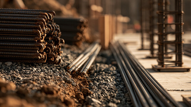 Steel Reinforcement Bars on a Construction Site: A close-up view of stacked steel rebar and rows of rebar laid out on gravel and concrete at an industrial construction site.
