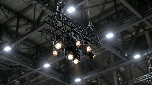 Stage Lighting Rig: A complex arrangement of spotlights and stage lights suspended from a metal truss system, illuminating an empty performance space.
