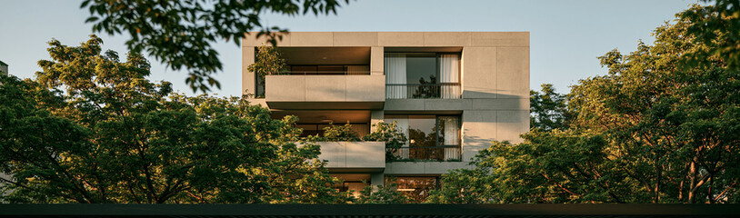 Fototapeta premium Modern Apartment Building Amidst Greenery: A contemporary concrete apartment building, featuring clean lines and balconies, is nestled amongst lush trees, blending urban living with nature.