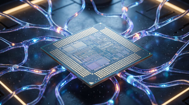 Neural processing chip surrounded by glowing signal pathways representing artificial intelligence computing hardware machine learning data acceleration processor innovation technology
