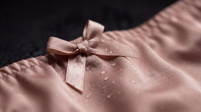 Pink satin lingerie bow with water droplets in close detail highlighting delicate fabric texture feminine fashion intimate apparel luxury design softness moisture elegance sensual style