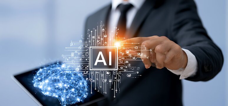 Businessman touching the brain working of Artificial Intelligence (AI) in the futuristic business and coding software development on interface and synchronize network connection, IoT, innovative