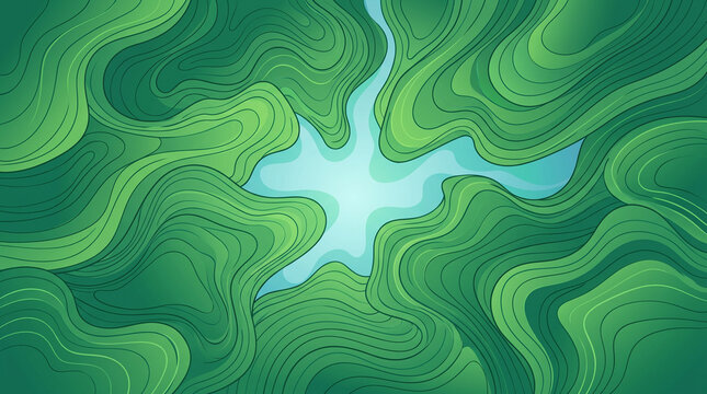 Abstract flowing green lines resembling a lush landscape with a bright blue water source in the center, evoking a sense of organic growth and natural beauty