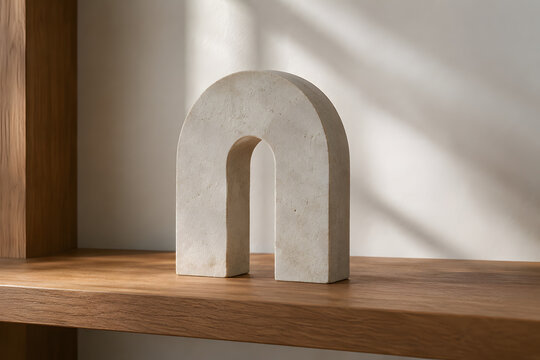 Carved stone arch bookend resting on wooden shelf