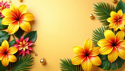Obraz premium Colorful hibiscus and tropical leaves on golden background
