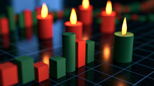 Candlelight Market Analysis: A collection of lit candles in red and green, resembling the ebb and flow of financial markets, casts a warm glow over a reflective surface.