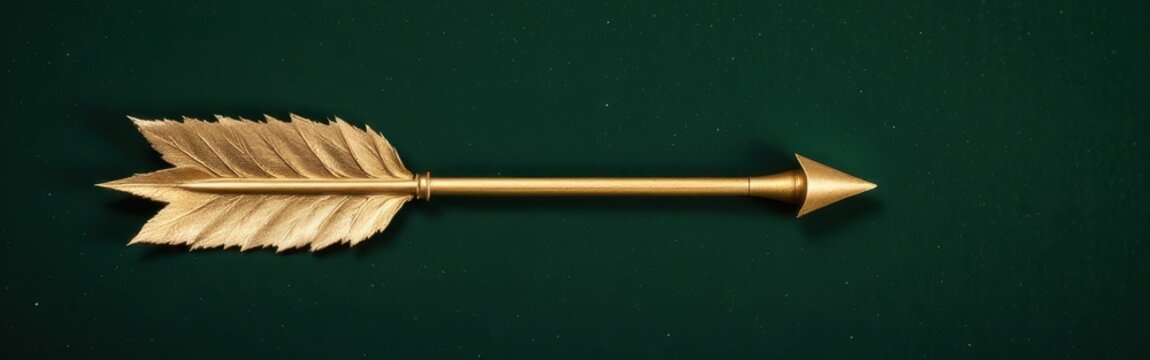 Golden arrow with detailed feather and sharp tip on a dark textured background