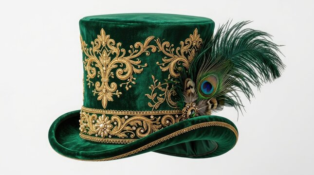 A luxurious, emerald green top hat is prominently displayed. The hat is crafted from velvet and features intricate gold embroidery along the brim and crown.