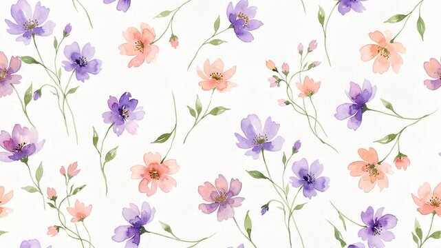 Watercolor floral pattern background with pastel purple and pink flowers