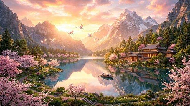 A serene landscape painting depicts a majestic mountain range bathed in the warm glow of a sunrise. A tranquil lake reflects the surrounding peaks 