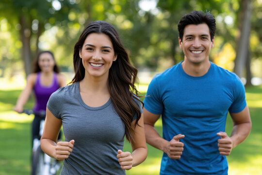 Smiling man and woman jogging in park with cyclist background, outdoor fitness scene with healthy active adult runner pair