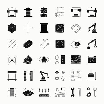 3d printing icons vector set. Additive manufacturing and rapid prototyping technology. Black and white glossy and line art pictograms for web design, ui interfaces, infographics