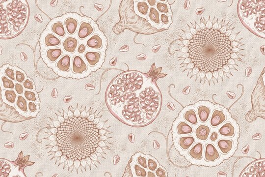 Detailed hand-drawn botanical seamless pattern with pomegranate halves, lotus seed pods, and sunflower heads on a textured beige background