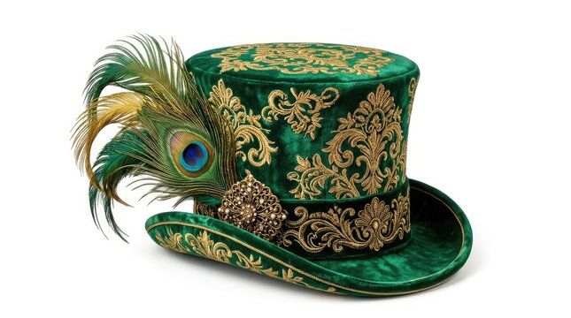 A luxurious, emerald green top hat is prominently displayed. The hat is crafted from velvet and adorned with intricate gold embroidery and a cluster of vibrant peacock feathers. 