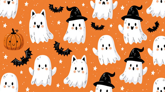 Halloween seamless pattern with cute ghost witch bat and pumpkin on orange background