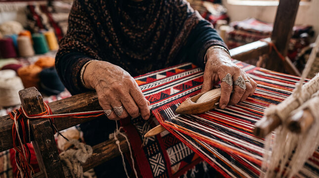 Close-Up of Hands Weaving Traditional Sadu Pattern in Qatar Heritage Village