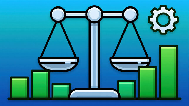 Cyber compliance illustration balance scale gear icon green bar chart blue background business concept data analysis law concept audit control regulation icon