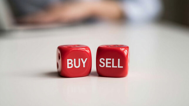 Buy or Sell Dice: Two red dice with the words BUY and SELL clearly visible sit on a white surface, symbolizing investment decisions and market speculation.