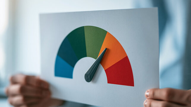 Credit Score Indicator: A person holds a graphic displaying a meter that indicates a credit score, with the needle pointing towards the orange section, suggesting an average or moderate rating.