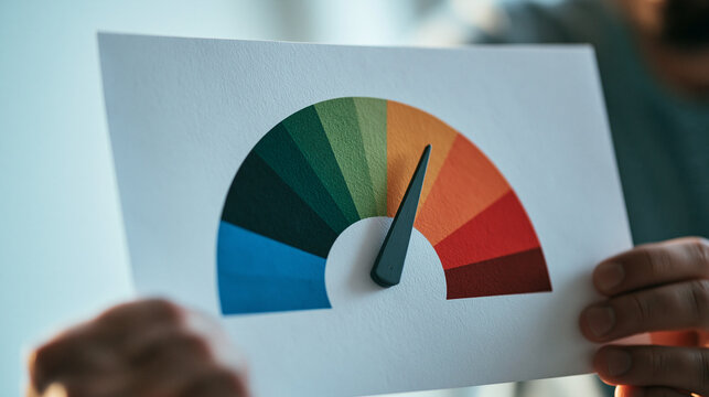 Credit Score Gauge: A hand holds a paper with a gauge indicating a credit score, with the needle pointing to a moderate range, representing financial health and creditworthiness.