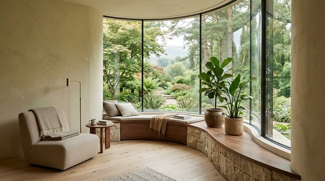Modern living room with a cozy window seat overlooking a lush green garden and large glass windows in a quiet home