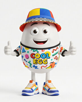 Funny 3D egg mascot character wearing retro 90s colorful clothes and bucket hat giving thumbs up