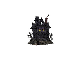 Naklejka premium Detailed Spooky Haunted House With Glowing Yellow Windows, Ghostly Figure In Attic, Twisted Bare Trees, And Weathered Iron Fence On Rocky Ground, Vector Illustration