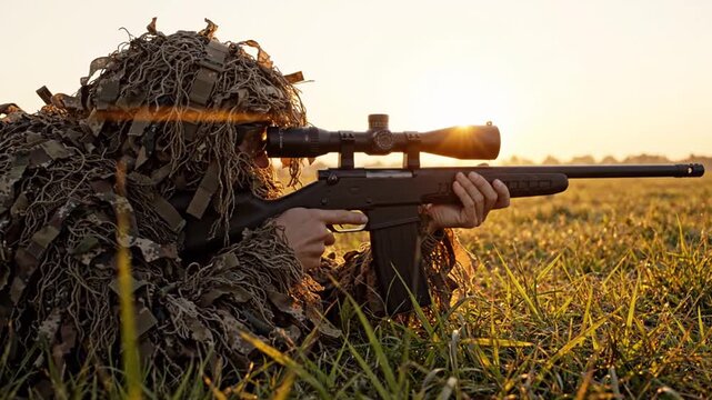 Sniper in ghillie suit aiming rifle in field at sunset.
