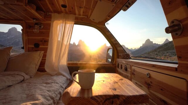 Steaming Cup of Coffee in a Camper Van at Sunrise in the Mountains