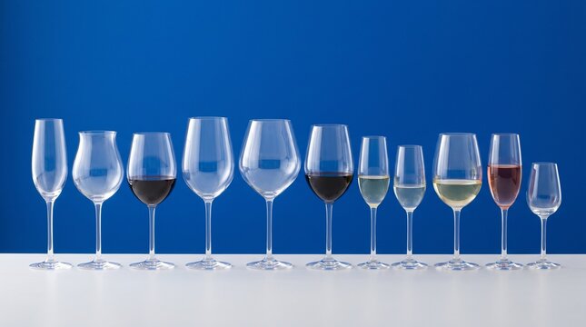 Different types of wine glasses collection, isolated on green background