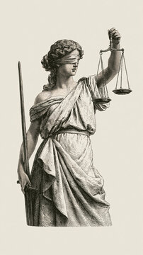 Lady Justice Holding Scales and Sword: A classical statue of Lady Justice, blindfolded and draped in flowing robes, stands as a timeless symbol of justice, law, and fairness.